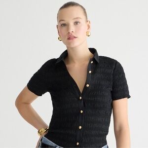 J.Crew Smocked Button-Up Short Sleeve Shirt Black Cotton-Blend Voile — Size M